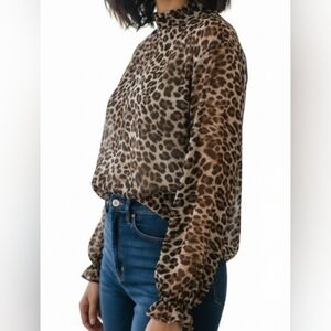 Mango Pleated Leopard Print Sheer Long Sleeve High Ruffled Neck Blouse Size 6